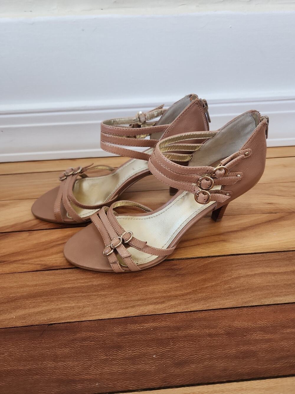 Nine West Women's US 6 Taupe Strappy Open Toe Slip-On Stiletto Heels